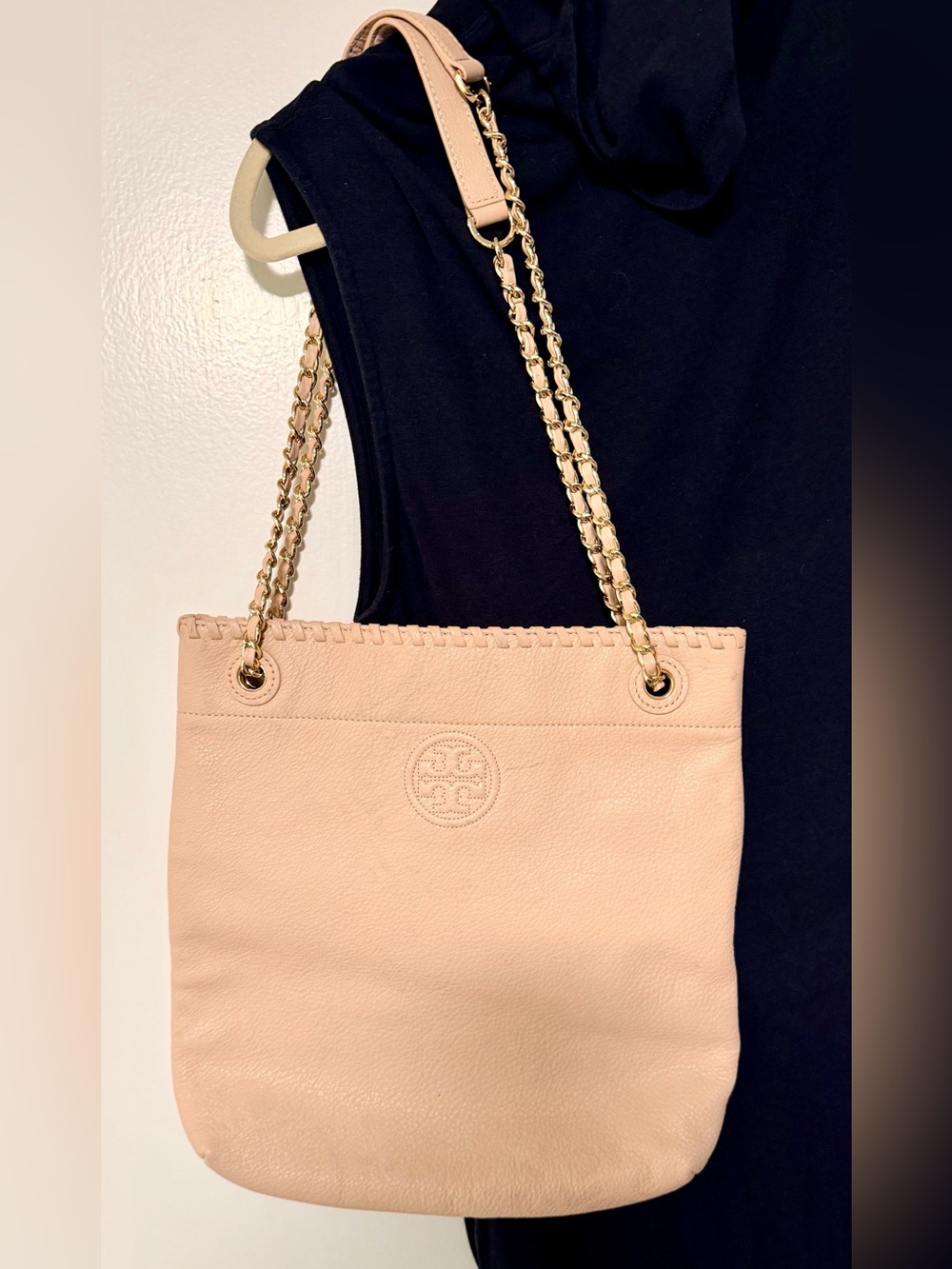 Tory Burch Marion Chain Slouchy Tote Oatmeal Pebbled Leather Bag